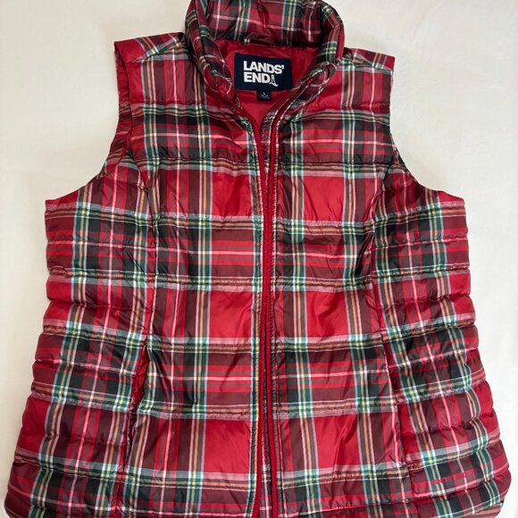 LANDS'END Women's Red Tartan Plaid Down Puffer Vest, Size L (14-16) - Picture 14 of 15